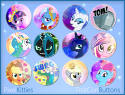 Size: 900x681 | Tagged: safe, artist:pixelkitties, character:derpy hooves, character:princess celestia, character:princess luna, character:rarity, character:tom, character:trixie, character:twilight sparkle, species:pegasus, species:pony, buttons, female, mare, merchandise
