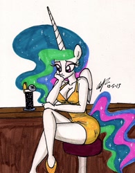Size: 1045x1340 | Tagged: safe, artist:newyorkx3, character:princess celestia, species:anthro, species:plantigrade anthro, bar, cleavage, clothing, dress, drink, female, sad, solo, traditional art