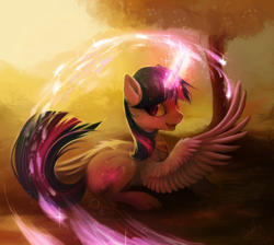Size: 968x866 | Tagged: safe, artist:hioshiru, character:twilight sparkle, character:twilight sparkle (alicorn), species:alicorn, species:pony, beautiful, color porn, female, glow, grass, looking back, magic, mare, open mouth, prone, smiling, solo, spread wings, tree, wings