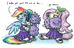 Size: 1280x842 | Tagged: safe, artist:king-kakapo, character:fluttershy, character:rainbow dash, species:pegasus, species:pony, alternate hairstyle, angry, blushing, bow, cheerleader, cheerleader fluttershy, cheerleader outfit, cheerleader rainbow dash, clothing, colored, dialogue, ear fluff, embarrassed, flailing, fluffy, gritted teeth, hair bow, headband, lip bite, pom pom, ponytail, scared, shoes, sitting, sneakers, socks, spread wings, wide eyes, wings