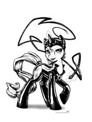 Size: 1500x2000 | Tagged: safe, artist:kp-shadowsquirrel, character:rarity, catsuit, catwoman, clothing, costume, female, latex, lipstick, magic, monochrome, solo, whip