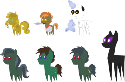 Size: 1515x998 | Tagged: safe, artist:zacatron94, character:button mash, character:sweetie belle, species:pony, arrow, bow (weapon), bow and arrow, don't mine at night, enderman, endermare, enderpony, glowing eyes, glowing horn, jananimations, magic, minecraft, mouth hold, pack, pickaxe, pointy ponies, simple background, skeleton, sweetie gold, sword, telekinesis, transparent background, undead, weapon, zombie, zombie jan, zombie pony