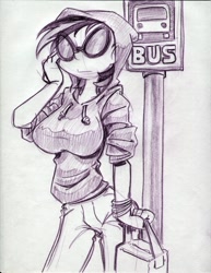 Size: 850x1100 | Tagged: safe, artist:trollie trollenberg, character:dj pon-3, character:vinyl scratch, species:human, breasts, bus stop, busty vinyl scratch, clothing, female, hoodie, humanized, monochrome, solo, traditional art