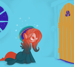 Size: 987x900 | Tagged: safe, artist:docwario, character:fluttershy, clothing, door, female, hat, looking at something, looking up, nervous, profile, sad, solo