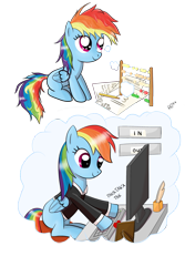 Size: 1000x1500 | Tagged: safe, artist:ratofdrawn, character:rainbow dash, species:pegasus, species:pony, g4, abacus, computer, cute, dashabetes, female, filly, foal, mare, thinking