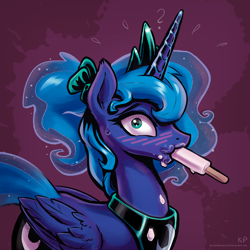 Size: 1600x1600 | Tagged: safe, artist:kp-shadowsquirrel, character:princess luna, species:alicorn, species:pony, alternate hairstyle, blushing, eating, embarrassed, female, looking at you, plewds, ponytail, popsicle, solo, sucking, surprised, sweat, wide eyes