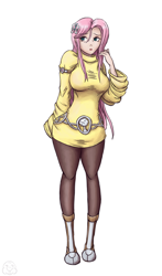 Size: 2000x3400 | Tagged: safe, artist:junker, artist:king-kakapo, character:fluttershy, species:human, breasts, busty fluttershy, clothing, colored, female, flutterthighs, humanized, pantyhose, solo, wide hips