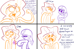 Size: 3000x2000 | Tagged: safe, artist:extradan, character:sunset shimmer, character:twilight sparkle, my little pony:equestria girls, comic, fuck you, lineart, punch, reformed, shimmerbuse, vulgar