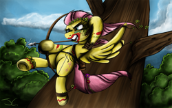 Size: 1200x758 | Tagged: safe, artist:jamescorck, character:fluttershy, action pose, amazon, arrow, badass, bodypaint, bow (weapon), bow and arrow, female, flutterbadass, paint on fur, solo, tree, weapon