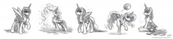 Size: 2200x500 | Tagged: safe, artist:kp-shadowsquirrel, character:princess luna, ball, female, grayscale, monochrome, sketch, sketch dump, solo, water, wet, wet mane