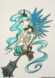 Size: 707x1000 | Tagged: safe, artist:foxinshadow, character:princess luna, species:human, female, horned humanization, humanized, light skin, mace, solo, tailed humanization, traditional art, warrior luna, weapon, winged humanization
