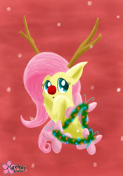Size: 1907x2718 | Tagged: safe, artist:clouddg, character:fluttershy, :o, antlers, blushing, christmas, cute, female, fluffy, solo, tinsel