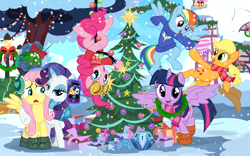 Size: 1278x800 | Tagged: safe, artist:pixelkitties, character:applejack, character:fluttershy, character:pinkie pie, character:rainbow dash, character:rarity, character:trixie, character:twilight sparkle, character:twilight sparkle (alicorn), species:alicorn, species:pony, ship:rarishy, episode:pinkie spy, episode:princess twilight sparkle, g4, my little pony: equestria girls, my little pony: friendship is magic, boots, christmas, christmas tree, clothing, earmuffs, female, holiday, lesbian, mane six, mare, mistletoe, mystery box of plot importance, phone, plushie, scarf, shipping, show accurate, smartphone, sweater, tree