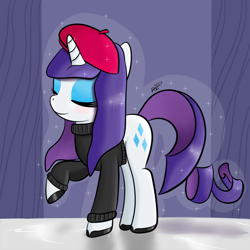 Size: 750x750 | Tagged: safe, artist:ratofdrawn, character:rarity, species:pony, species:unicorn, beatnik rarity, beret, clothing, eyes closed, female, hat, mare, solo, sweater