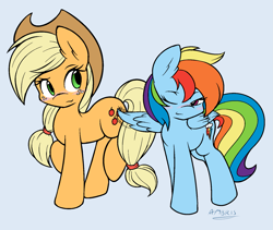 Size: 1633x1381 | Tagged: safe, artist:ambris, character:applejack, character:rainbow dash, species:earth pony, species:pegasus, species:pony, ship:appledash, bedroom eyes, blushing, butt touch, clothing, commission, cute, feathermarking, female, freckles, hat, lesbian, mare, never doubt tchernobog's involvement, one eye closed, raised hoof, raised leg, shipping, shy, simple background, smiling, standing, wink