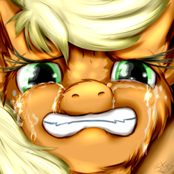 Size: 768x768 | Tagged: safe, artist:frist44, character:applejack, blonde, crying, emotional, eyes, face, female, gritted teeth, mouth, nose, sad, sadness, solo, teeth