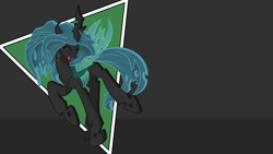 Size: 1920x1080 | Tagged: safe, artist:kp-shadowsquirrel, artist:mateo-thefox, artist:spier17, character:queen chrysalis, species:changeling, changeling queen, female, happy, solo, triangle, vector, wallpaper