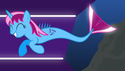 Size: 11200x6400 | Tagged: safe, artist:parclytaxel, oc, oc only, oc:parcly taxel, species:pony, species:unicorn, .svg available, absurd resolution, albumin flask, bioluminescent, female, grin, lights, mare, merpony, rock, smiling, solo, species swap, swimming, underwater, vector