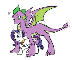 Size: 686x570 | Tagged: safe, artist:kianamai, character:rarity, character:spike, species:pony, species:unicorn, kilalaverse, ship:sparity, alternate hairstyle, bun, female, fire ruby, height difference, male, mare, older, quadrupedal spike, shipping, simple background, spread wings, straight, white background, winged spike, wings