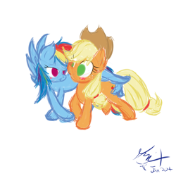 Size: 1200x1200 | Tagged: safe, artist:frist44, character:applejack, character:rainbow dash, ship:appledash, bedroom eyes, blushing, butt touch, clothing, explicit source, eye contact, feathermarking, female, hat, lesbian, shipping, smiling, wide eyes