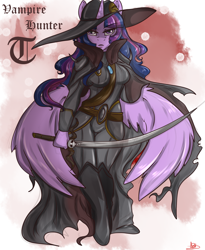 Size: 1606x1963 | Tagged: safe, artist:arnachy, character:twilight sparkle, character:twilight sparkle (alicorn), species:alicorn, species:anthro, species:unguligrade anthro, female, solo, sword, vampire hunter, vampire hunter d, weapon