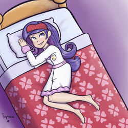 Size: 1500x1500 | Tagged: safe, artist:king-kakapo, artist:php52, character:rarity, species:human, barefoot, bathrobe, bed, blushing, clothing, colored, feet, female, high angle, humanized, light skin, lying down, pillow, robe, sleep mask, smiling, solo