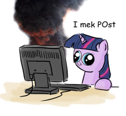 Size: 362x336 | Tagged: safe, artist:king-kakapo, artist:pureinsanity, edit, character:twilight sparkle, character:twilight sparkle (unicorn), species:pony, species:unicorn, :t, comic sans, computer, derp, derplight sparkle, explosion, female, fire, hey you, i mek post, keyboard, mare, monitor, on fire, reaction image, simple background, smiling, smoke, solo, text, wat, white background, wrong eye color