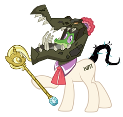 Size: 900x857 | Tagged: safe, artist:pixelkitties, character:coco pommel, character:gummy, character:trixie, species:chimera, augmented tail, black vine, cragadile, crocodile, simple background, this isn't even my final form, transparent background, trixie scepter, twilight scepter, wat, what has science done