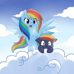 Size: 3000x3000 | Tagged: safe, artist:kianamai, character:rainbow dash, oc, oc:prism bolt, parent:rainbow dash, parent:soarin', parents:soarindash, kilalaverse, acrophobia, cloud, cloudy, fanfic, fanfic art, high res, like mother like son, male, mama dash, mother, mother and son, next generation, offspring, scared, son