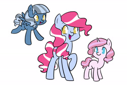 Size: 3000x2000 | Tagged: safe, artist:kianamai, oc, oc only, oc:cloudy skies, oc:cotton candy, oc:sugar rush, parent:pinkie pie, parent:pokey pierce, parents:pokeypie, species:earth pony, species:pegasus, species:pony, species:unicorn, kilalaverse, flying, happy, next generation, offspring, open mouth, raised hoof, siblings, simple background, sisters, smiling, spread wings, standing, white background, wings