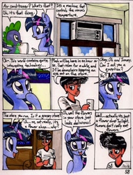 Size: 1392x1826 | Tagged: safe, artist:newyorkx3, character:spike, character:twilight sparkle, character:twilight sparkle (alicorn), non-mlp oc, oc, oc:tommy, self insert, species:alicorn, species:pony, comic:twilight and the big city, cereal, comic, female, mare, traditional art