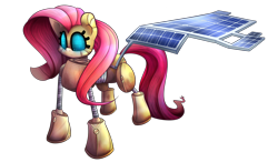 Size: 4800x2800 | Tagged: safe, artist:extradan, character:fluttershy, cyborg, female, flutterbot, simple background, solar panel, solo, transparent background