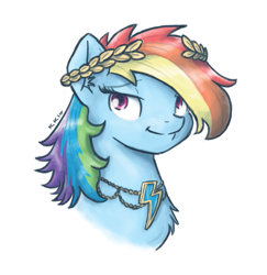 Size: 777x800 | Tagged: safe, artist:king-kakapo, character:rainbow dash, alternate hairstyle, bust, chest fluff, ear fluff, element of loyalty, female, floral head wreath, fluffy, head, portrait, smiling, solo, wreath