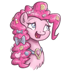 Size: 777x800 | Tagged: safe, artist:king-kakapo, character:pinkie pie, alternate hairstyle, bow, bust, candy, chest fluff, element of laughter, female, fluffy, head, portrait, solo
