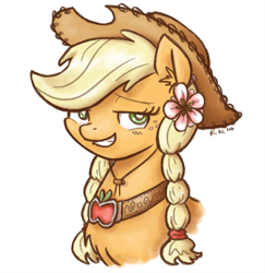 Size: 777x800 | Tagged: safe, artist:king-kakapo, character:applejack, alternate hairstyle, braid, bust, chest fluff, ear fluff, element of honesty, female, flower, flower in hair, fluffy, grin, head, looking at you, portrait, simple background, smirk, solo