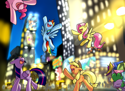 Size: 2000x1457 | Tagged: safe, artist:nekokevin, character:applejack, character:fluttershy, character:pinkie pie, character:rainbow dash, character:spike, character:twilight sparkle, character:twilight sparkle (alicorn), species:alicorn, species:dragon, species:earth pony, species:pegasus, species:pony, bridleway, building, city, female, flying, lights, manehattan, mare, open mouth, raised hoof, slave, smiling
