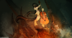 Size: 1400x734 | Tagged: safe, artist:foxinshadow, character:octavia melody, species:earth pony, species:pony, badass, bipedal, cello, female, musical instrument, solo