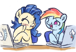 Size: 800x543 | Tagged: safe, artist:king-kakapo, character:rainbow dash, oc, oc:milky way, species:pony, /mlp/, computer, female, giggling, laptop computer, laughing, mare, table, trolling