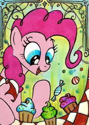 Size: 400x558 | Tagged: safe, artist:foxinshadow, character:pinkie pie, species:earth pony, species:pony, candy, cupcake, cute, diapinkes, female, food, mare, open mouth, picnic blanket, solo, sweets