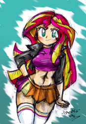 Size: 920x1320 | Tagged: safe, artist:danmakuman, character:sunset shimmer, species:human, belly button, breasts, busty sunset shimmer, clothing, female, humanized, jacket, leather jacket, midriff, miniskirt, skirt, socks, solo, thigh highs, top
