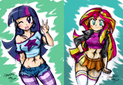 Size: 1917x1320 | Tagged: safe, artist:danmakuman, character:sunset shimmer, character:twilight sparkle, character:twilight sparkle (alicorn), species:alicorn, species:human, belly button, breasts, busty sunset shimmer, clothing, collage, female, humanized, jacket, leather jacket, midriff, miniskirt, skirt, socks, thigh highs, top