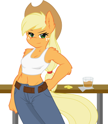 Size: 3574x4123 | Tagged: safe, artist:ambris, artist:gray-gold, character:applejack, species:anthro, bar, belly button, belt, bits, clothing, drink, female, fluffy, jeans, midriff, simple background, solo, tank top, transparent background, vector