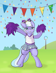 Size: 1413x1828 | Tagged: safe, artist:ratofdrawn, character:lilac sky, species:pony, episode:rainbow falls, g4, my little pony: friendship is magic, belly button, bipedal, cheerleader, clothing, pom pom, skirt, solo