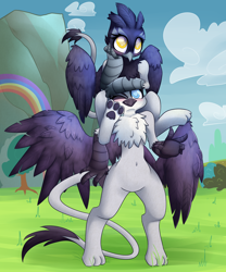 Size: 5000x6010 | Tagged: safe, artist:extradan, character:irma, character:natalya, species:griffon, episode:rainbow falls, g4, my little pony: friendship is magic, absurd resolution, belly button, bipedal, blushing, cute, griffons riding griffons, leaning, peace sign, riding, semi-anthro, smiling, wink