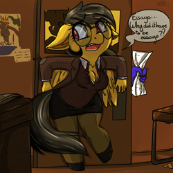 Size: 1000x1000 | Tagged: safe, artist:arnachy, character:a.k. yearling, character:daring do, species:anthro, species:unguligrade anthro, episode:daring don't, g4, my little pony: friendship is magic, adorkable, breasts, cleavage, clothing, cute, dialogue, door, dork, female, glasses, indiana jones, meganekko, miniskirt, pantyhose, reference, shoes, skirt, speech bubble, tube skirt