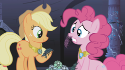 Size: 900x506 | Tagged: safe, artist:pixelkitties, edit, character:applejack, character:pinkie pie, episode:friendship is magic, g4, my little pony: friendship is magic, applejack loves chaurus eggs, chaurus, egg, element of harmony, element of laughter, the elder scrolls