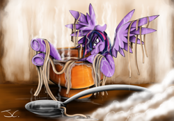 Size: 1200x835 | Tagged: safe, artist:jamescorck, character:twilight sparkle, character:twilight sparkle (alicorn), species:alicorn, species:pony, g4, female, floppy ears, hair over one eye, looking at you, mare, ramen, signature, solo, spread wings, unamused, underhoof, wat, wings