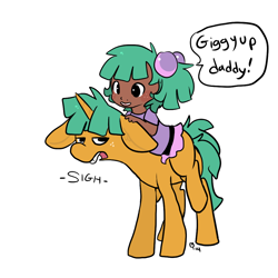 Size: 1000x1000 | Tagged: safe, artist:mt, character:snails, oc, oc:mudpie, parent:snails, satyr, species:pony, species:unicorn, annoyed, blush sticker, blushing, cute, dark skin, daughter, dialogue, ear fluff, father and daughter, female, floppy ears, freckles, frown, glare, lidded eyes, male, ocbetes, offspring, older, piggyback ride, riding, sigh, simple background, smiling, speech bubble, stallion, unamused, white background