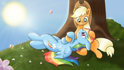 Size: 1920x1080 | Tagged: safe, artist:ratofdrawn, character:applejack, character:rainbow dash, species:earth pony, species:pegasus, species:pony, ship:appledash, butterfly, eye contact, female, flower, grass, head on lap, lesbian, looking at each other, mare, on back, outdoors, shipping, sitting, sun, tree, under the tree, wallpaper