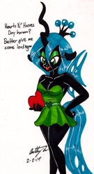 Size: 798x1481 | Tagged: safe, artist:newyorkx3, character:queen chrysalis, species:anthro, breasts, busty queen chrysalis, cleavage, clothing, dress, eyeshadow, female, makeup, solo, traditional art, valentine's day